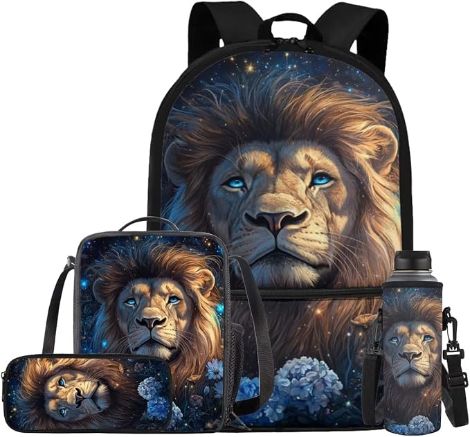 Aesthetic Lion Backpack for Kids Girls Backpack with Lunch Box Water Bottle Bag and Big Pencil Case 4PCS Set Sturdy Elementary Bookbag with Front Pocket for School 17" Lightweight School Bag by ELEDIZI