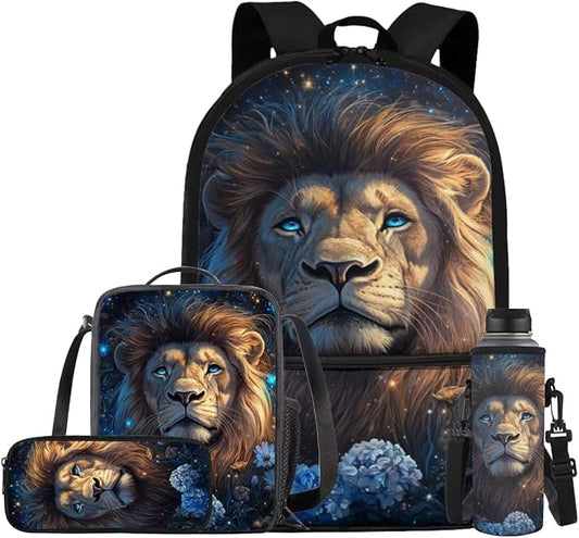 Aesthetic Lion Backpack for Kids Girls Backpack with Lunch Box Water Bottle Bag and Big Pencil Case 4PCS Set Sturdy Elementary Bookbag with Front Pocket for School 17" Lightweight School Bag by ELEDIZI