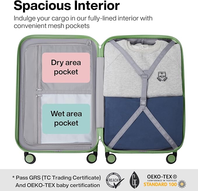 mixi Upgrade Carry on Luggage Suitcases with Spinner Wheels, Hardside Rolling Suitcase PC with TSA Lock Lightweight Travel Case 20in Carry-On, Fine Grid Avocado Green - Image 5