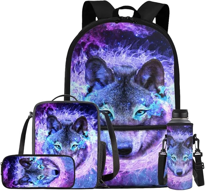 Galaxy Wolf Backpack for Girls Kids Backpack with Lunch Box Water Bottle Bag and Soft Pencil Case 4PCS Set Bookbag with Front Pocket for School 17" Large Capacity School Bag with Side Pocket by ELEDIZI
