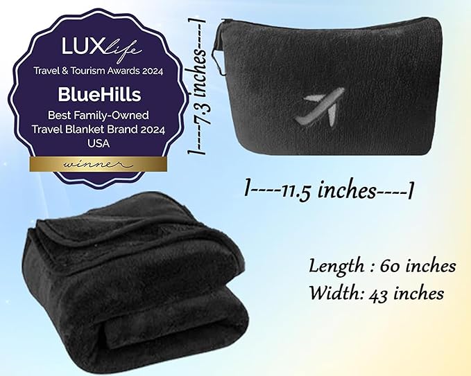 BlueHills Premium Soft Plush Mini Travel Blanket Pillow Flight Throw Black | Packable Case, Airplane Blanket, Portable Compact with Luggage Belt and Carabiner, Long Flight Carry-on Comfort, Lightweight - Image 5