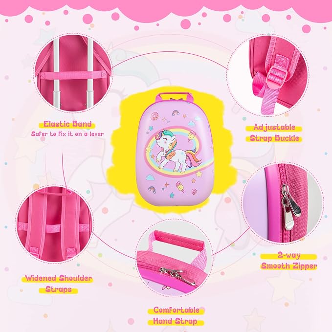 HONEY JOY Kids Luggage, 12" Toddler Backpack & 16" Travel Suitcase with Wheels, Lightweight Toddler Girls Suitcase, Durable ABS Hardshell, 2Pcs Carry On Luggage Set for Boys Girls(Pink Horse) - Image 9