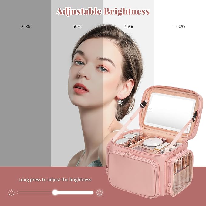 Large Makeup Bag with LED Mirror, Travel Makeup Bag Organizer for Women Girls with Makeup Brush Compartment & Two Side Pockets, 3 Color Lights Cosmetic Toiletry Bag- Leather Pink - Image 4