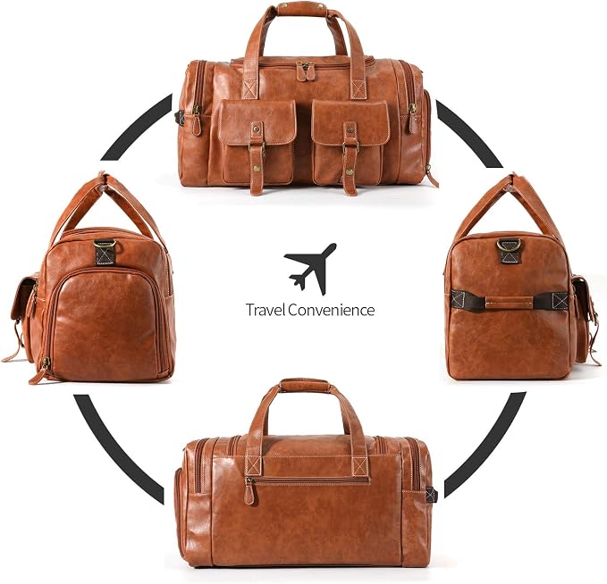 Zeroway PU Leather Travel Duffel Bag with Shoe Pouch Large Carry on Bag Waterproof Weekender Overnight Bag for Men Women Brown - Image 5