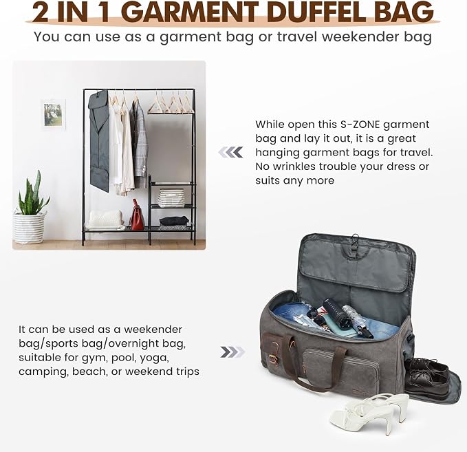 S-ZONE Garment Bags for Travel Canvas Duffle Bags for Men Hanging Suitcase | Individual Toiletry Bag, Multi-Pockets, Carry-on Size, Trolley Sleeve, for Gym or Business - Image 5