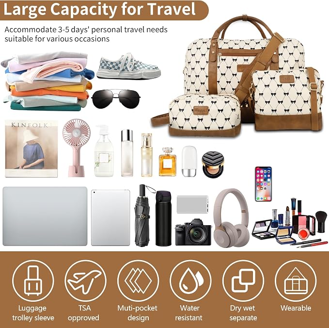 Wogarl 3PCS Weekender Bags for Women Large Overnight Bag Weekend Travel Duffel Bag Carry on Shoulder with Shoe Compartment Canvas Toiletry Bag for Travel Business Gym,Cream Bow - Image 7