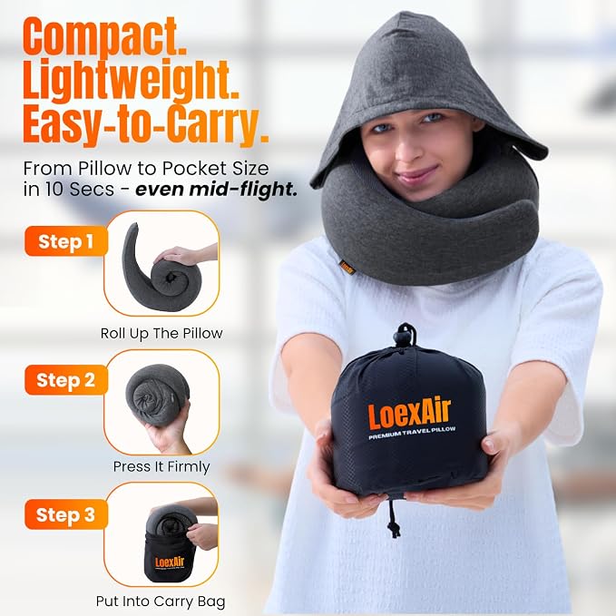 LOEXAIR™ Hooded Pro Travel Pillow - Memory Foam Neck Support Pillow for Airplane, Flight - Super-Soft Pure Cotton Fabric, Maximum Privacy & Light-Block Design, Lightweight Full Travel Kit - Dark Grey - Image 3