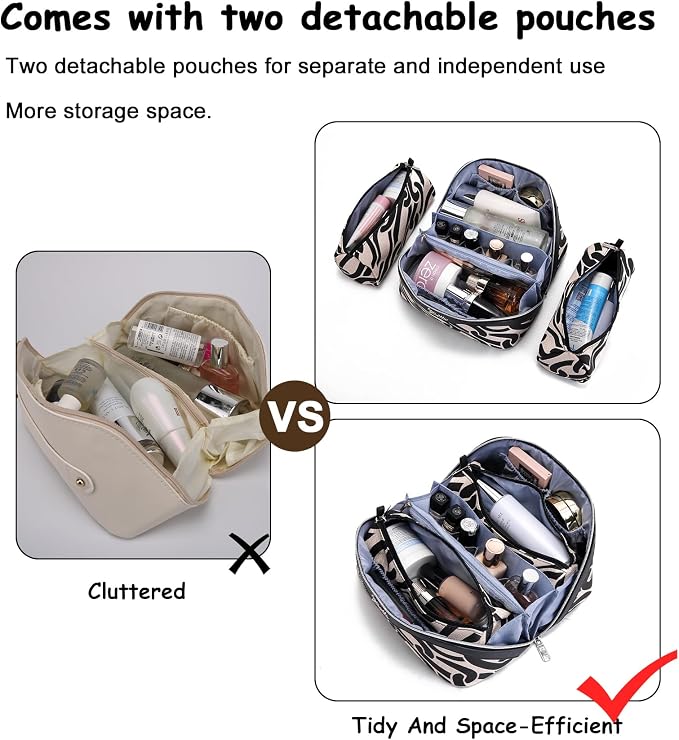 BOYATU Travel Makeup Bag for Women: Large Capacity 3-Piece Cosmetic & Toiletry Organizer - Expands Storage by 50% with 2 Detachable Pouches,Opens Flat for Easy Packing,Waterproof PU Leather(Black) - Image 2
