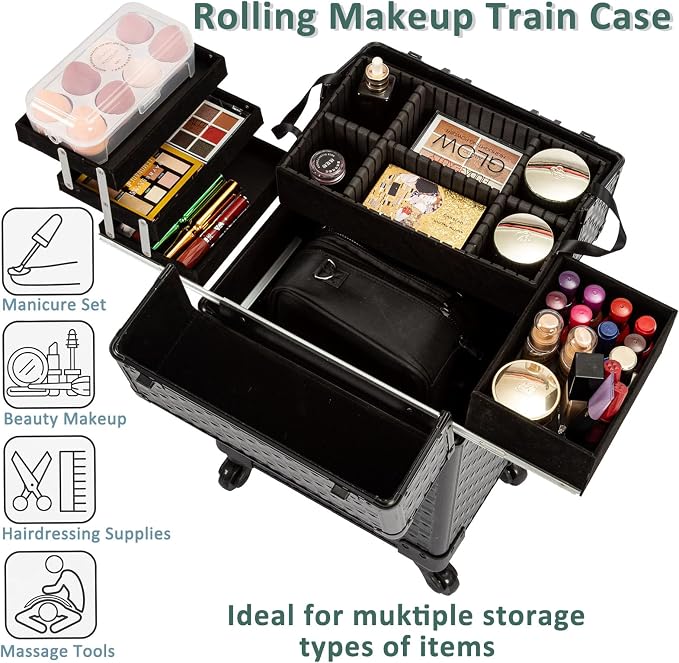 Arous Rolling Train Makeup Case Cosmetology Case on Wheels, Black | Cosmetic Travel Trolley 4 Tray with Sliding Rail Removable Middle Layer with Key Salon Barber Case Traveling Cart Trunk - Image 2