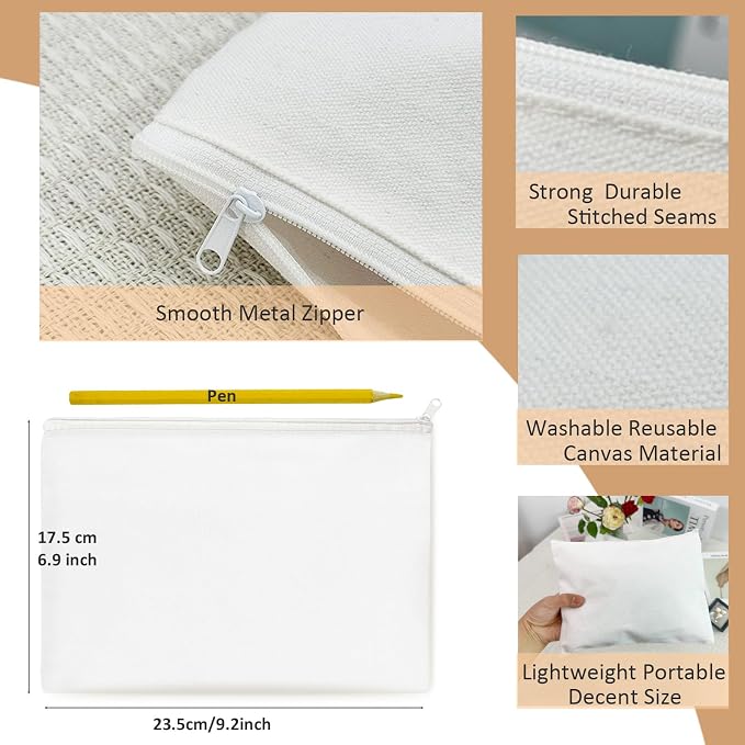 Koolmox Canvas Zipper Pouch, 40 Blank White Cloth Pouch, Pencil Pouch White Sublimation Cosmetic Pouches Blanks Makeup Bags Bulk, Black Zipper Canvas Bag Blanks for Vinyl Projects Decorating - Image 2