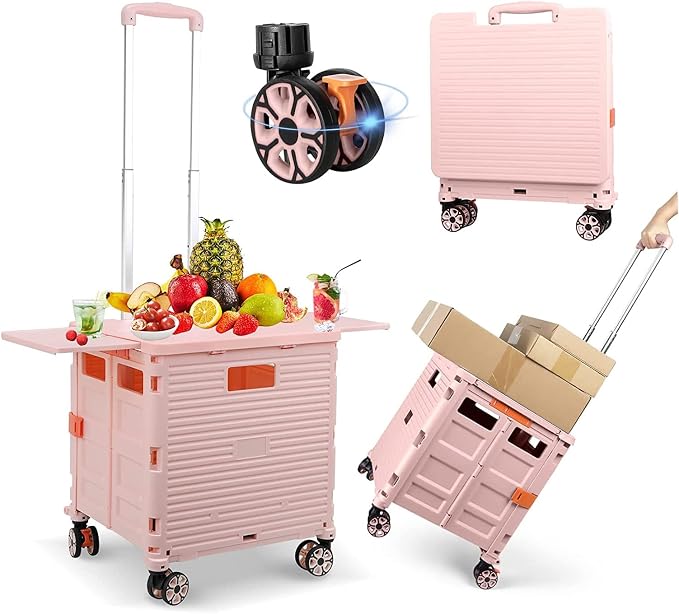 FELICON SELORSS Folding Utility Cart Portable Rolling Crate Handcart-Pink | Magnetic Sliding Lid,Telescoping Handle,Plastic Box Dolly,360°Swivel Wheels for Travel Shop Move Laundry Office Teacher Use by FELICON