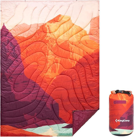 KingCamp Ultralight Camping Blanket, Packable Down Alternative Puffy Printed Wearable Blanket with Snap Buttons & Corner Loops Weatherproof Quilt for Outdoor Travel Stadium (78.7"L x 57.1"W, ORANGE) by KingCamp