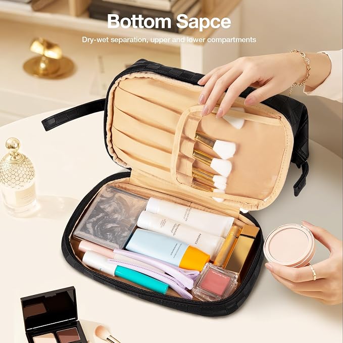 Abiudeng Large Capacity Makeup Bag Ladies Cosmetic Bag Travel Bag with Compartments Portable PU Leather Travel Makeup Bag with Handle - Image 7
