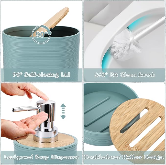 XLHOMO Blue Bathroom Set, Light Blue Bathroom Accessories Set with Trash Can, 2PCS Soap Dispensers, Soap Dish, Toothbrush Holder, Toothbrush Cup,Toilet Brush, Tray and Qtip Holders for Bathroom Decor - Image 4