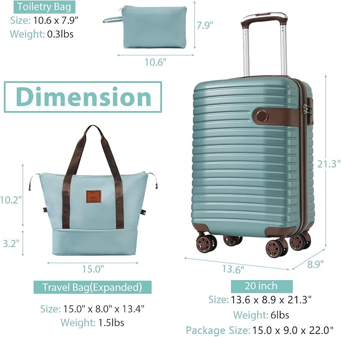 3 Piece Carry On Luggage Sets, 20 Inch Airline Approved Hard Shell Suitcase with TSA Lock & 360° Spinner Wheels, Travel Set with Duffel Bag for Women (Blue) - Image 5