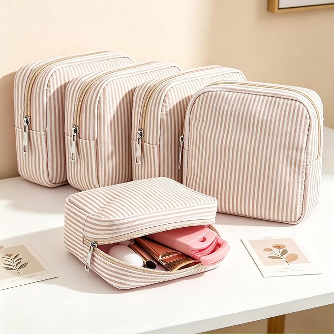 Giesiery 8 Pcs Seersucker Makeup Bags Striped Cosmetic Bags Bulk Organizer for Women Preppy Travel Toiletry Pouch for Wedding Bridesmaid Gifts (Khaki, Mini) - Image 3