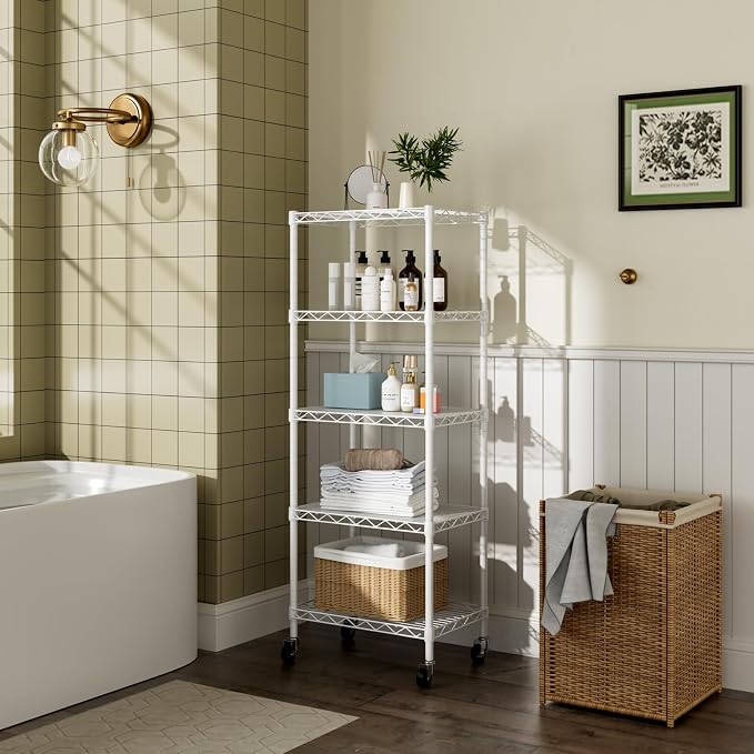 Golpart Small 5 Tier Shelves Storage Wire Shelving Unit Metal Shelf Adjustable Organizers Storage Shelving with Wheels for Bathroom Laundry Room Kitchen Pantry11.7”D x 17.7”W x 57.2”H White - Image 8