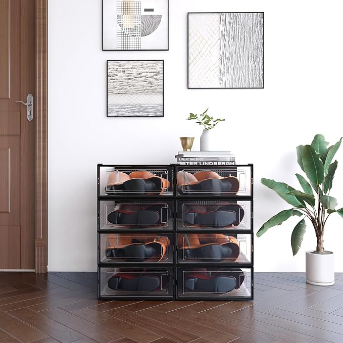 12-Piece Boot and Shoe Storage Box, Stackable Clear Plastic Shoe Box, Space-Saving Shoe Organizer for Boots, Sneakers, and High Heels, Black - Image 2