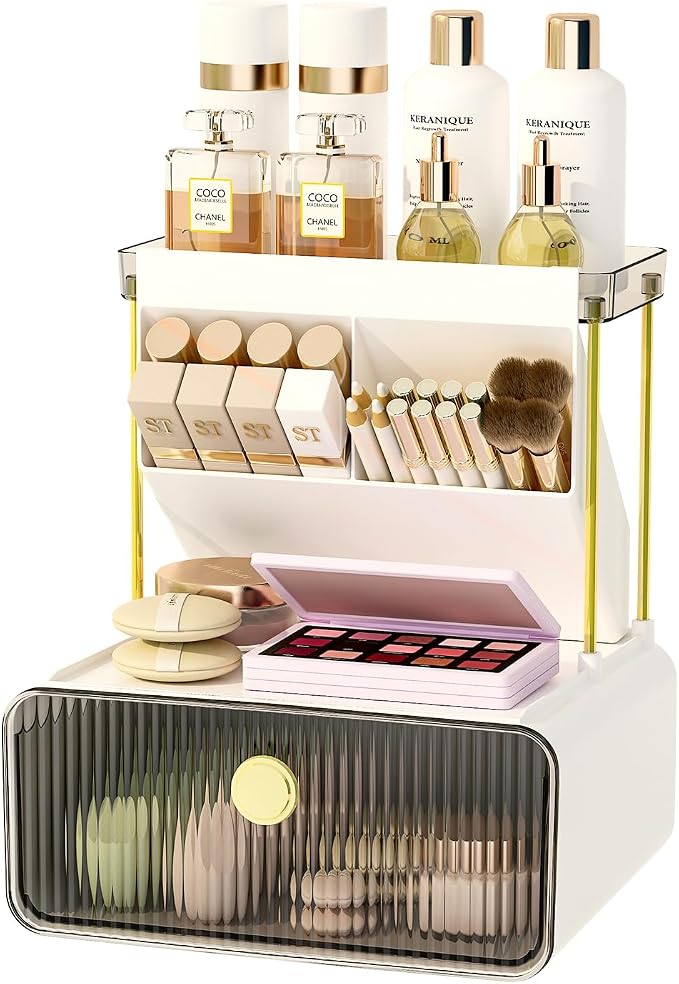 FOLLOWIN 3 Tier Makeup Organizer, Vanity Desk Cosmetic Display with Drawer | Detachable Brush Holder, Washable, Fits Bathroom Office Coffee Bar Nook, Compact Countertop Vertical Storage, Space-Saving by FOLLOWIN