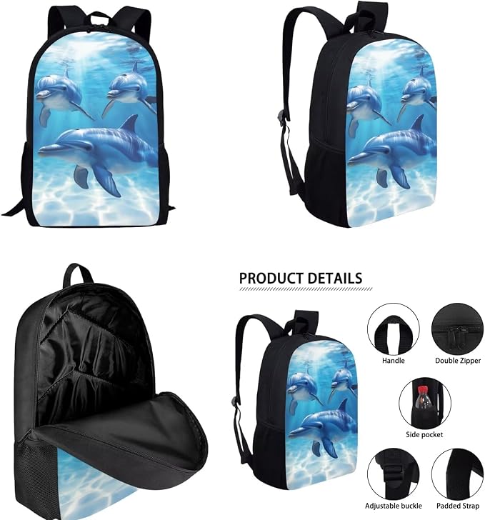 Cute Dolphin Backpack for Girls with Lunch Box 6-8/8-10/10-12 Kids Bookabg and Lunchbox Set 4 in 1 Elementary School Back Pack Lunch Bag Pencil Case Water Bottle Holder Middle Schoolbag - Image 2