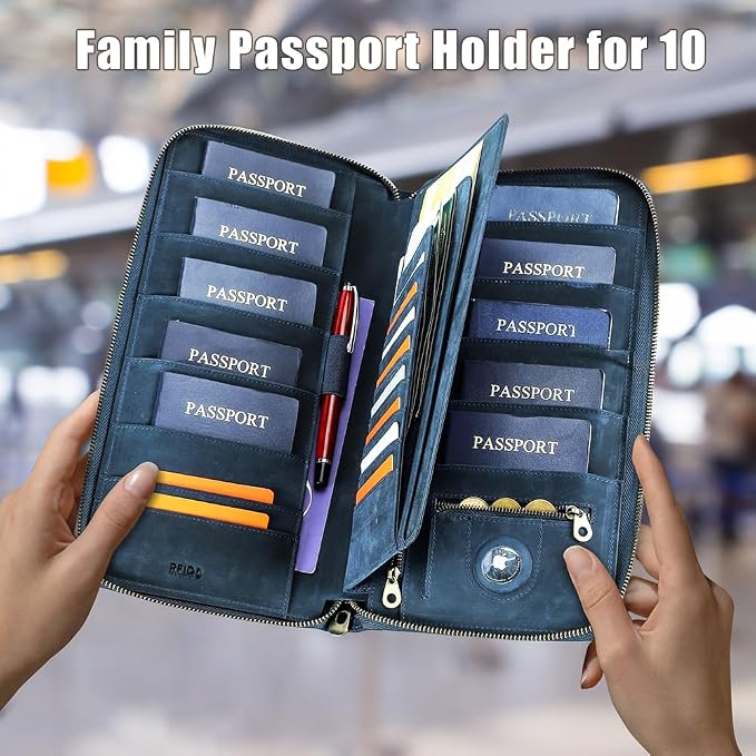 CONTACTS Family Passport Holder for 10 Full Grain Leather Passport Holder Compatible with Airtag for Family Travel Document Organizer Multiple Passport Wallet with Rfid Blocking (Blue) - Image 2