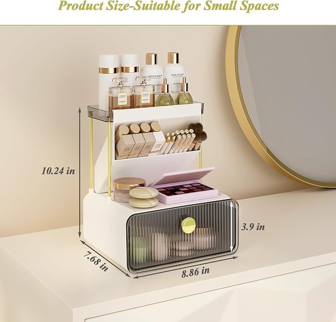 FOLLOWIN 3 Tier Makeup Organizer, Vanity Desk Cosmetic Display with Drawer | Detachable Brush Holder, Washable, Fits Bathroom Office Coffee Bar Nook, Compact Countertop Vertical Storage, Space-Saving - Image 7