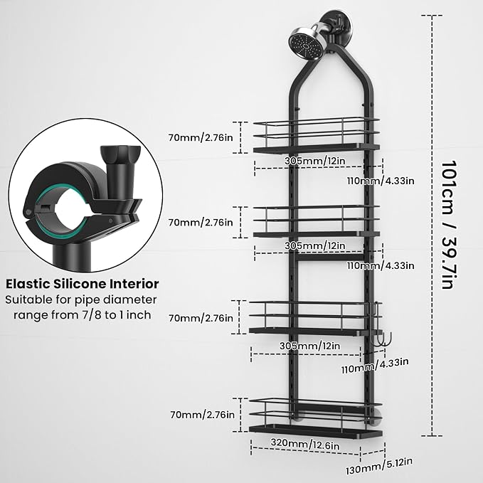 Shower Caddy Hanging (Black), Adjustable Anti-Swing-Over The Shower Head Caddy, 4 Tier Stainless Steel Bathroom Storage Organizer Bathroom Shelves Basket Rack Shower Caddies (4Tier) - Image 6