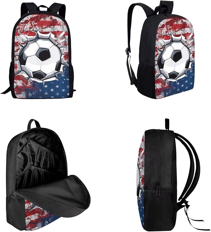 Patriotic American Flag Casual Daypack Set for Teen Girls, 3D Soccer Backpack Set with Insulated Lunch Box and Pen Bag, Large Lightweight School Bag Set Suitable for Boys and Girls - Image 2
