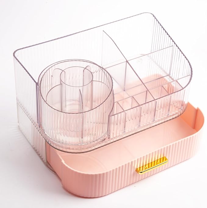 Makeup Organizer with Stackable Drawer and 360 Rotating Brush Holder, Cosmetic Storage Display, 11-inch Wide Beauty Counter, Pink, Large (Tray + 1 Drawer) - Image 6