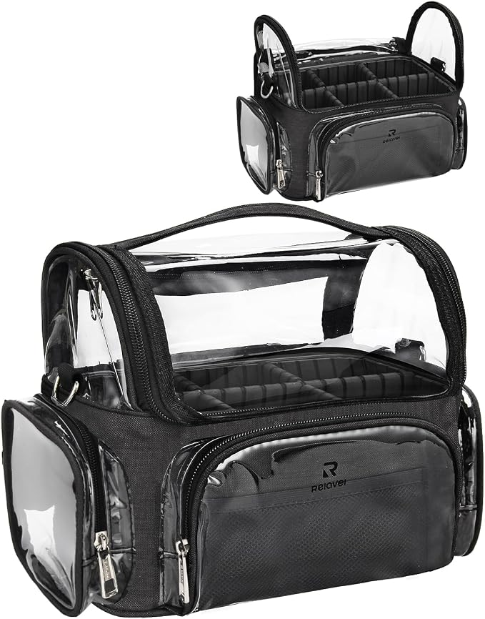 Makeup Brush Bag, Professional Makeup Brush Holder for Makeup Artist | Clear Waterproof Cosmetic Organizer Travel Case Bag, Full Open Easy to Access, with Adjustable Shoulder Strap and Dividers by NAONAYA