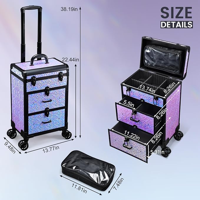 Professional Rolling Makeup Train Case with Drawers, Large Cosmetic Trolley with Locks, Cosmetics Storage Organizer Make up Case for Travel Makeup/Nail Art/Hair Styling, Shiny Pink - Image 6
