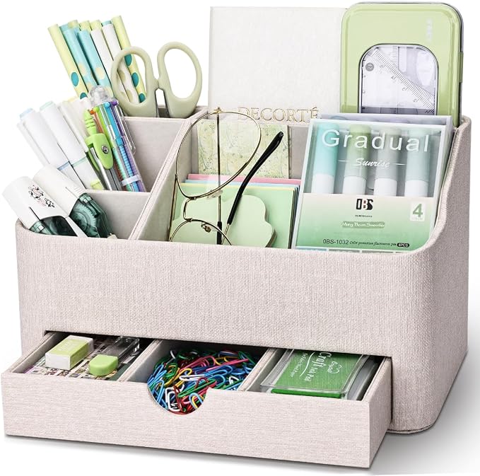 KINGFOM Leather Makeup Organizer with Drawer, Cosmetic Storage for Dresser Countertop and Bathroom Vanity, Beauty Holder for Lipstick Brush Skincare (Beige) - Image 9