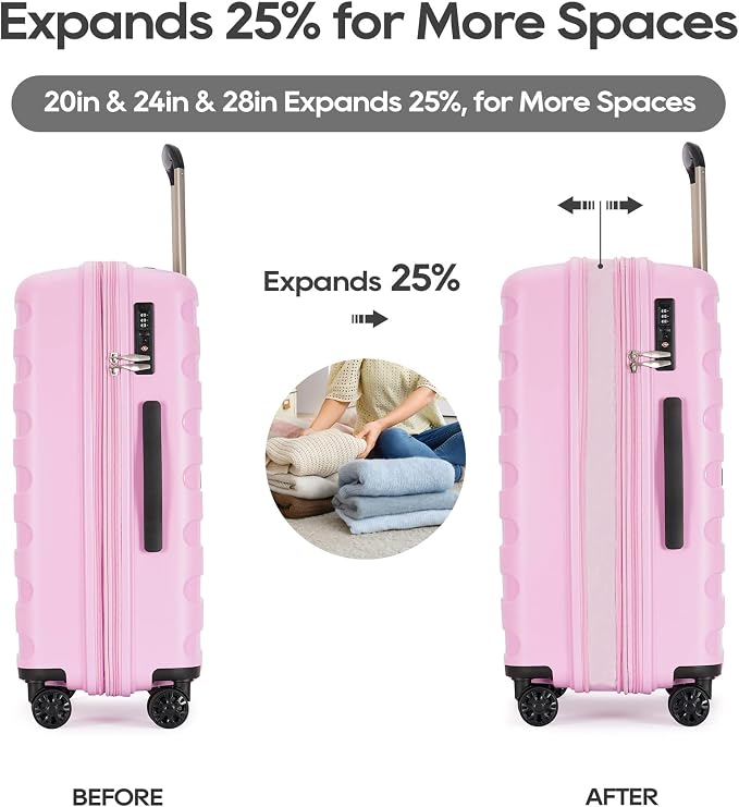 GinzaTravel PP material 3-piece expandable luggage sets with Spinner Wheels， Suitcase with TSA Lock，Large Luggage for Family Travel carry on 20/24/28，Light pink color - Image 2