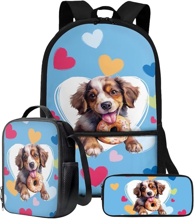 Cartoon Border Collie Dog Print Backpack Set Schoolbag Large Capacity Bookbag Lunch Box Pencil Case 17 Inch Travel Laptop Backpacks Student Rucksack Daypack with Zipper by ZIATUBLES