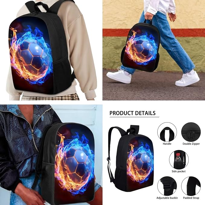 Mumeson 3 Piece Kids Backpack Elementary Preschool School Bag with Lunch Box Pencil Case Set for Boys Girls,Football Bookbag Large Capacity Travel Daypack Rucksack - Image 4