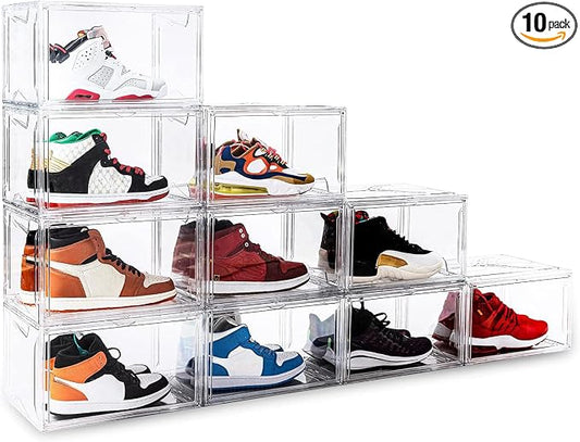 KDOR Shoe Box Clear Plastic Stackable for Sneakers,Closet,Hat. 10 Pack Sneaker Storage Boxes with Magnetic Door, Acrylic Display Case, Strong and Sturdy Fit Shoe Size Up to US 15 by KDOR