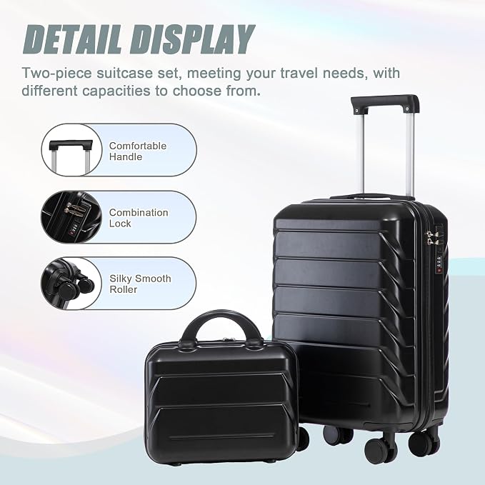 GDFStudio 14/20 Inch 2 Piece Luggage Set with Cosmetic Bag,ABS Hard Shell Spinner Suitcase with Combination Lock,360° Silent Wheels,Retractable Handle, Carry On Travel Luggage with Vanity Case,Black - Image 4