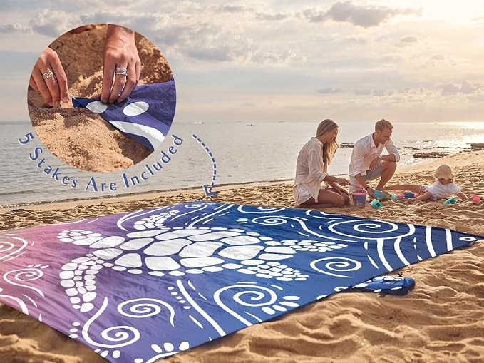 WEKAPO Beach Blanket Waterproof Sandproof Oversized Extra Large Sand Free Beach Mat with Stakes, Storage Bag - Essentials for Outdoor Beach, Picnic (Deep Blue Sea Turtle, 8 X 7 FT (1~4 Person)) - Image 6