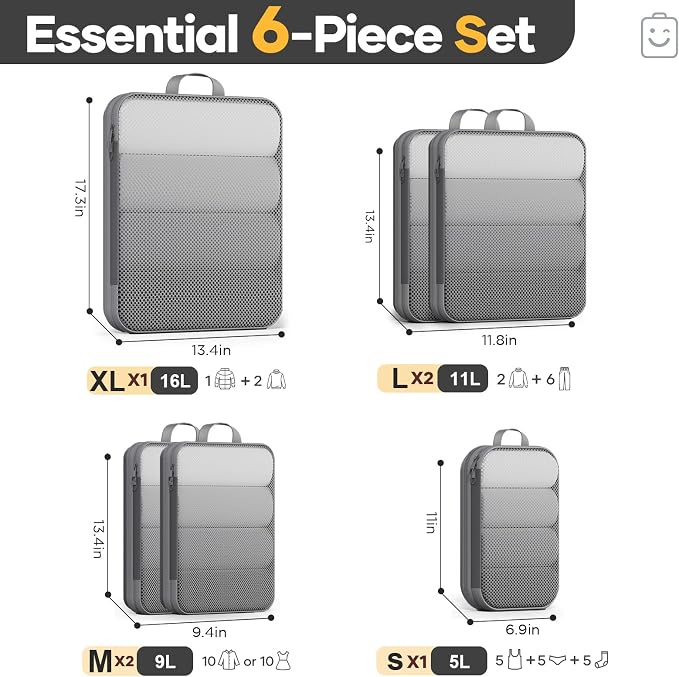 Veken 6/9/11 Set Compression Packing Cubes for Travel Essentials,Compressible Expandable Luggage Suitcase Organizer Bags with Garment Bag,Space Saver Bags with Over 1000 pcs of Mesh Holes(Gray) - Image 2