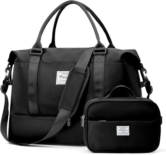 Weekender Bags for Women, Travel Duffel Bags with Shoe Compartment,Personal Item Travel Bag for Airlines, Carry on Overnight Tote Bag for Women with Toiletry Bag, Black by SUNMOP