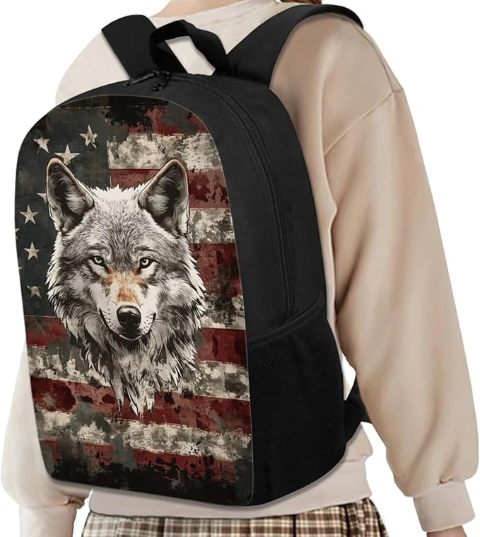 GIFTPUZZ Patriotic Wolf Backpack Set Boys 6-8 | 17 Inch Polyester, Lunch Box, Adjustable Straps, School, Birthday Back to School Gifts for Him - Image 2