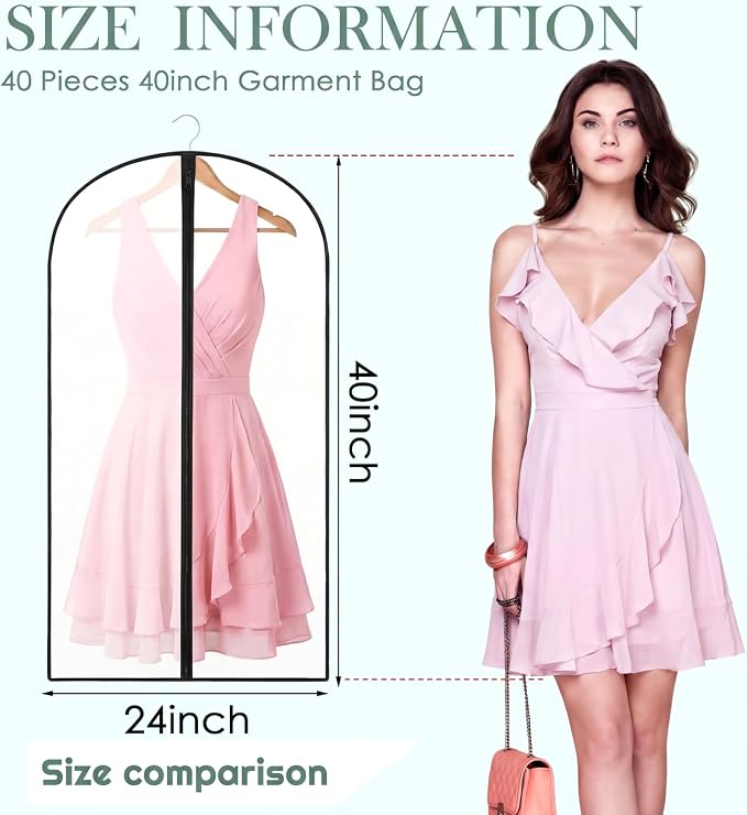 Amylove 40 Pcs 24 x 40 Inch Garment Bags Bulk Hanging Clothes Storage Covers for Closet Organization Dustproof Long Dress Bag Set for Wedding Dresses Gowns Coats Travel Suit (White Black) - Image 2