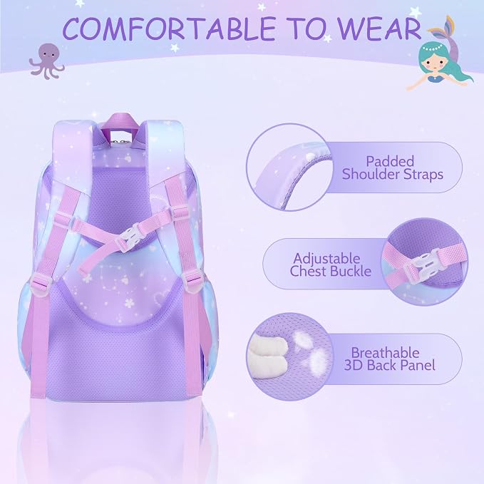 ACESAK Kids School Backpack for Girls, Mermaids Bookbag Backpack with 14OZ Water Bottle, Lunch Bag Set for GirlsTeens Middle Student, Girls Backpacks for School (Purple) - Image 4