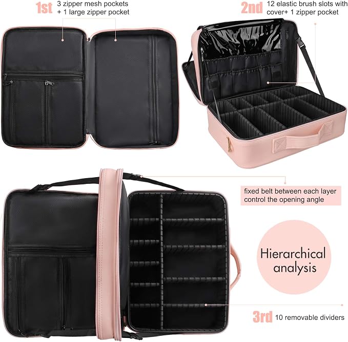 Relavel Makeup Case Large Makeup Bag Professional Train Case 16.5 inches Travel Cosmetic Organizer Brush Holder Waterproof Makeup Artist Storage Box, 3 Layer Large with Adjustable Strap (Pink) - Image 3