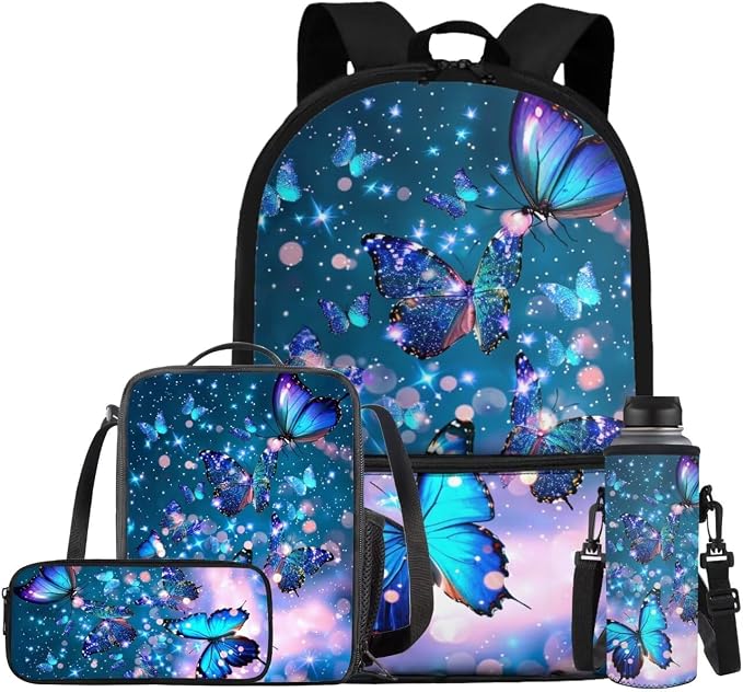 Butterfly Backpack for Girls Kids Backpack with Lunch Box Water Bottle Carrier with Strap and Aesthetic Pencil Case 4PCS Set Bookbag with Front Pocket for School Teens 17 inch Large School Bag by ELEDIZI