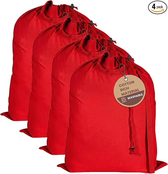 LFH Home Cotton Rich Large Premium Canvas Laundry Bag, Heavy Duty Washable Laundry Hamper with Drawstring & Handles, Multi-Use Clothes Storage for Home, Travel & College, 24"x36" (Pack of 4) - Red by LFHHomePrivateLimited