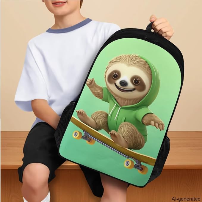 Skateboard Sloth Backpack for Boys Girls Backpack with Lunch Box Water Bottle Holder and Soft Pencil Case 4PCS Set Bookbag with Compartments for School 17 inch Sturdy School Bag for Kids - Image 3