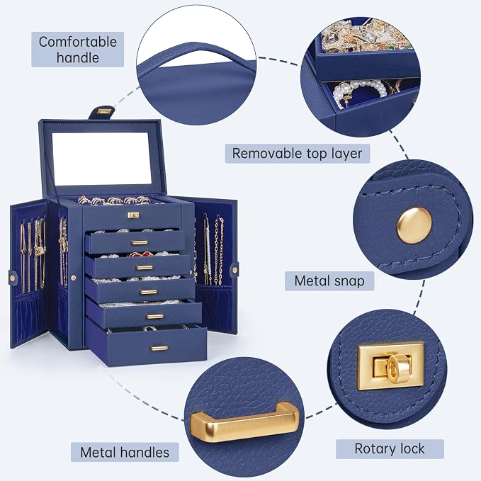 AKOZLIN 6-Tier Jewelry Box Organizer Functional 5 Drawers Leather Jewelry Storage Case for Women Girls Ring Necklace Earring Bracelet Holder Organizer with Mirror Medium Blue - Image 2