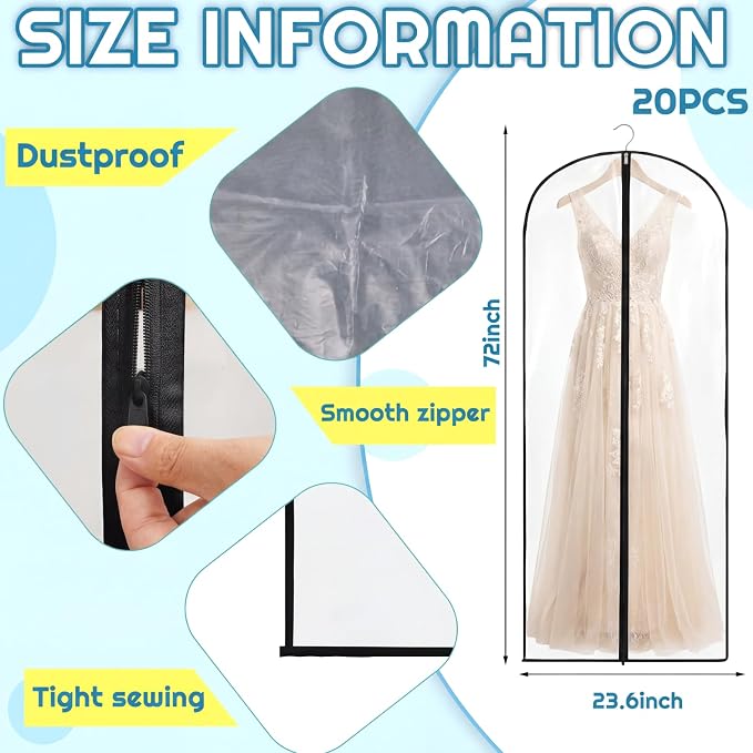 Amylove 20 Pcs 24 x 72 Inch Garment Bags Bulk Hanging Clothes Storage Covers for Closet Organization Dustproof Transparent Dress Suit Bag Set for Wedding Dresses Long Gowns Coats Seasonal Wardrobe - Image 2