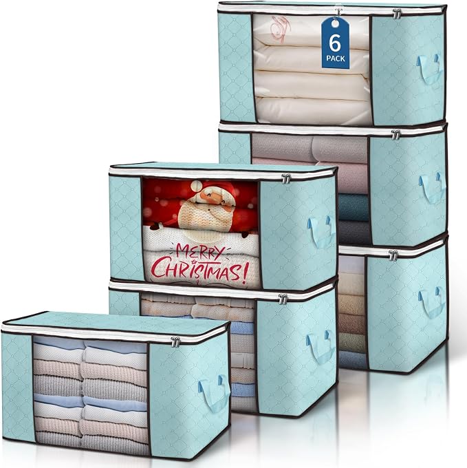 90L Large Storage Bags, 6 Pack Clothes Storage Bins Closet Organizers | Foldable Storage Containers, with Reinforced Handle, for Clothing, Blanket, Comforters, Bed Sheets, Pillows and Toys,Blue by BuddingJoy-BuildaJoyfulLifeforYou